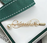 Custom gold clad Pearl Pin Personalized Letter Name Stylized Design Gift 6.6cm Length