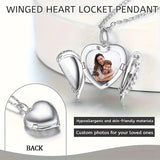 Personalized Metal Engravable Photo Locket Necklace Custom Heart Angel Wings Silver for Her Valentine's Day Gift