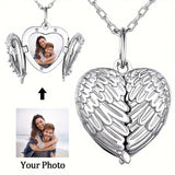 Personalized Metal Engravable Photo Locket Necklace Custom Heart Angel Wings Silver for Her Valentine's Day Gift