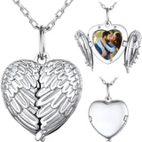 Personalized Metal Engravable Photo Locket Necklace Custom Heart Angel Wings Silver for Her Valentine's Day Gift