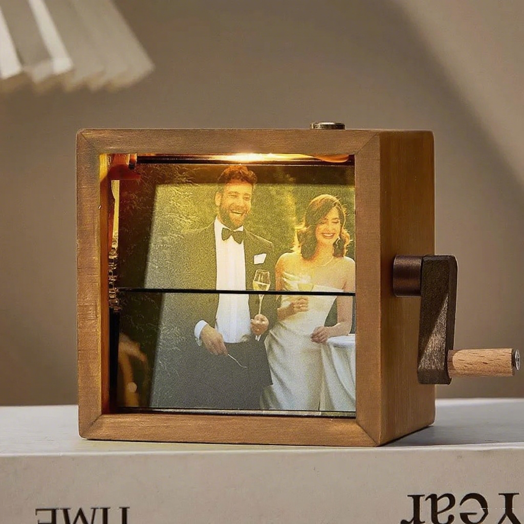 Custom Photo Flipbook Hand Cranked Mechanical Personalized Walnut Box with Light