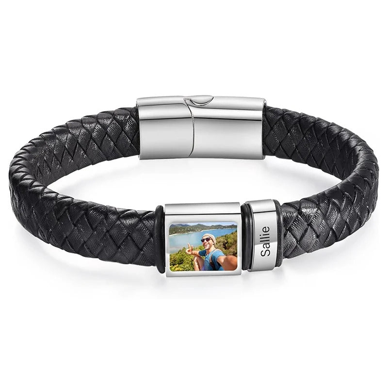 Customized Leather Bracelet Stainless Steel  Engraving Photo and Text  Personalized  Accessories Gifts