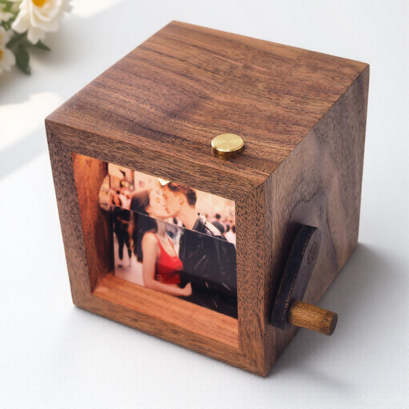 Custom Photo Flipbook Hand Cranked Mechanical Personalized Walnut Box with Light
