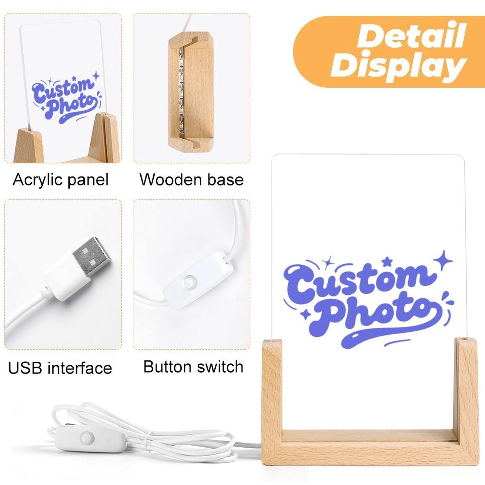 Custom Photo Acrylic Night Light Wood Base Color Changing Personalized Gift
