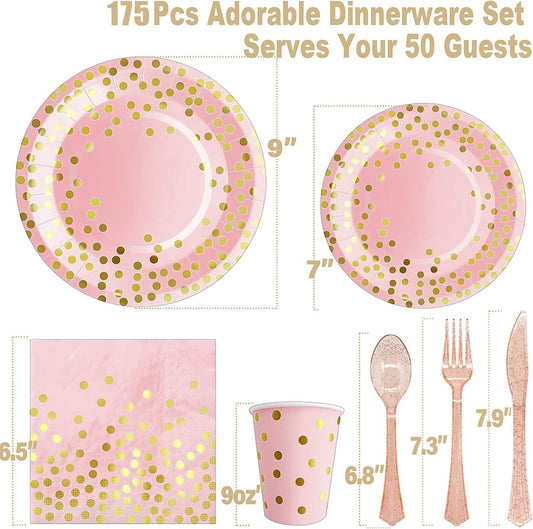 175 PCS Pink Rose Gold Plates Disposable Party Supplies