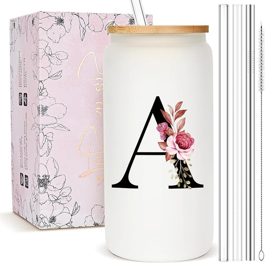 Customized Monogrammed Frosted Glass Tumbler Mug with Straw