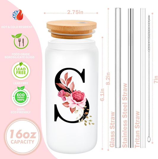 Customized Monogrammed Frosted Glass Tumbler Mug with Straw