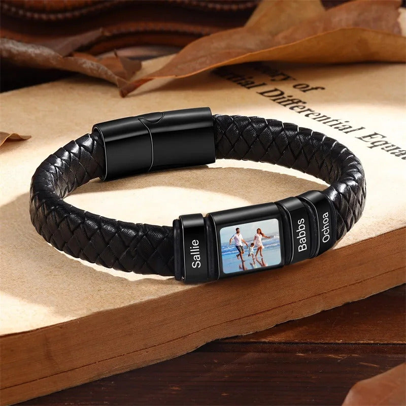 Customized Leather Bracelet Stainless Steel  Engraving Photo and Text  Personalized  Accessories Gifts