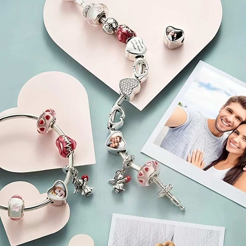 Personalized Silver Plated Heart Shaped Bracelet Custom Heat Transfer Photo For Couple