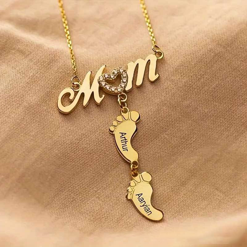 Custom Engraved Copper Name Necklace Personalized Love Mom Heart Baby Feet Charm For Mother's Day