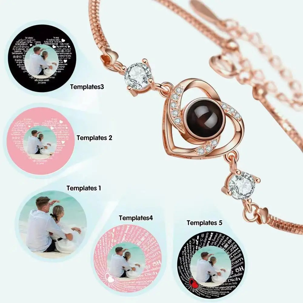 Custom Photo Projection Bracelet Heart Zircona Pendant Stainless Steel Couple DIY Picture Inside Bracelet For Women Jewelry
