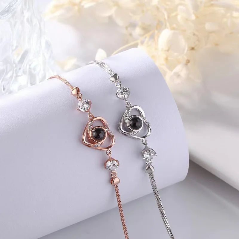 Custom Photo Projection Bracelet Heart Zircona Pendant Stainless Steel Couple DIY Picture Inside Bracelet For Women Jewelry