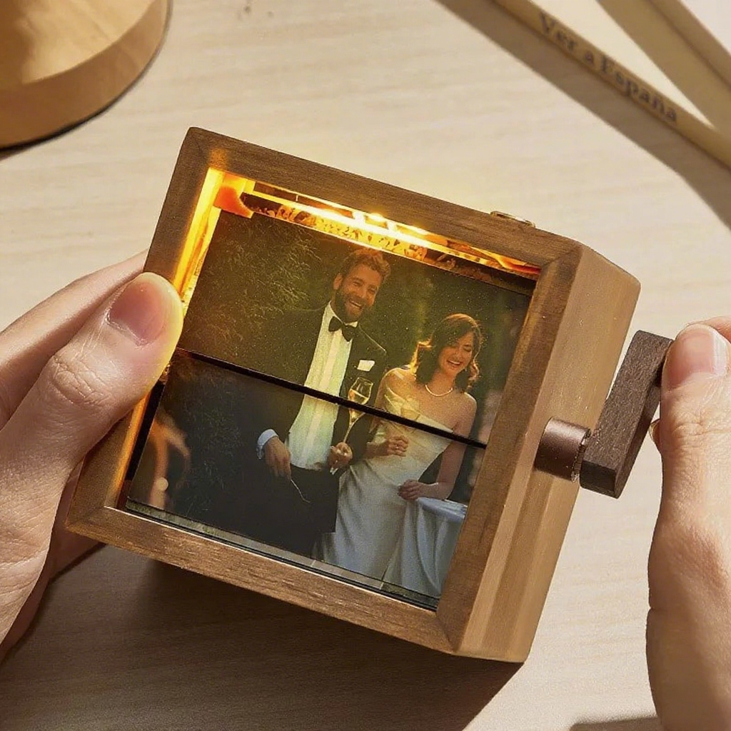 Custom Photo Flipbook Hand Cranked Mechanical Personalized Walnut Box with Light